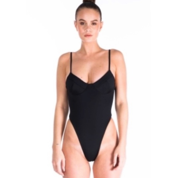 MYRA SWIM Payne Black One Piece Swimsuit Womens Small Black High Leg Skimpy NEW - Picture 1 of 11